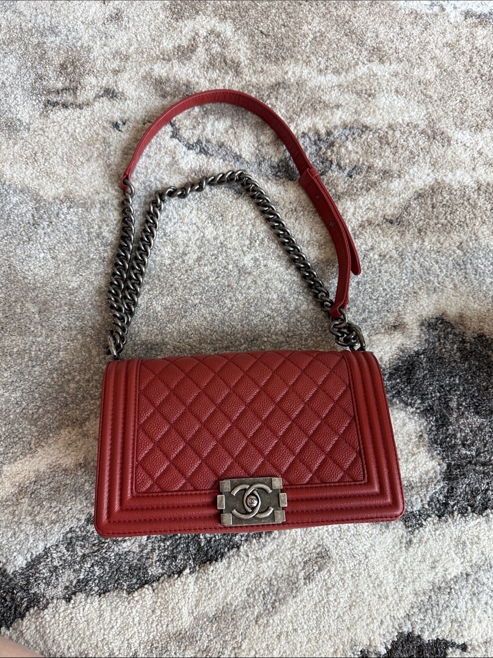 CHANEL Quilted Boy Flap Crossbody in Deep Red with Antique-Silver Hardware - Picture 14 of 16